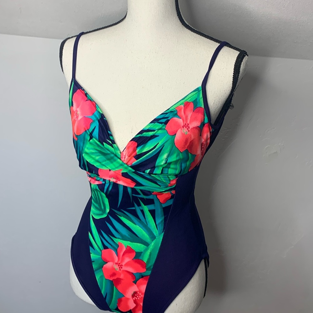 SlimSuit Navy Blue Floral Hawiian One Piece Swimsuit Size 10